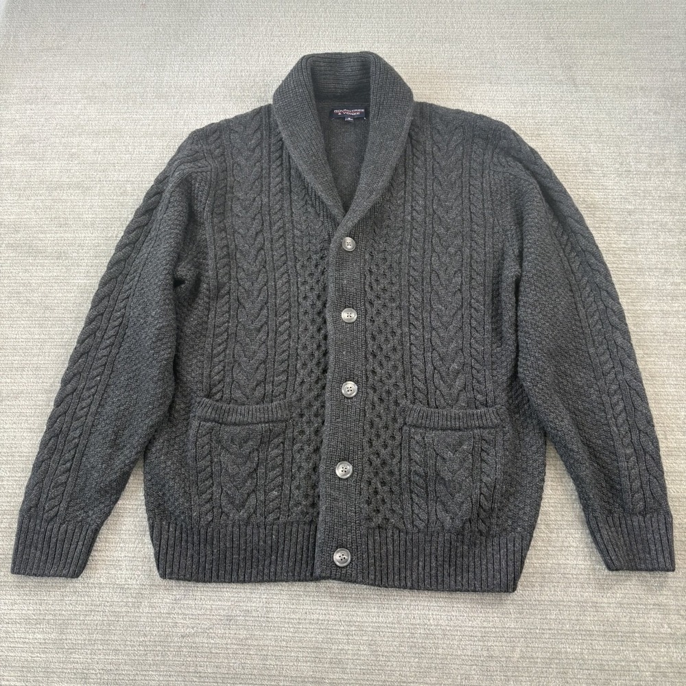 Roundtree Yorke Cable Knit Cardigan Mens M Gray Wool Blend Shawl Collar Grandpa